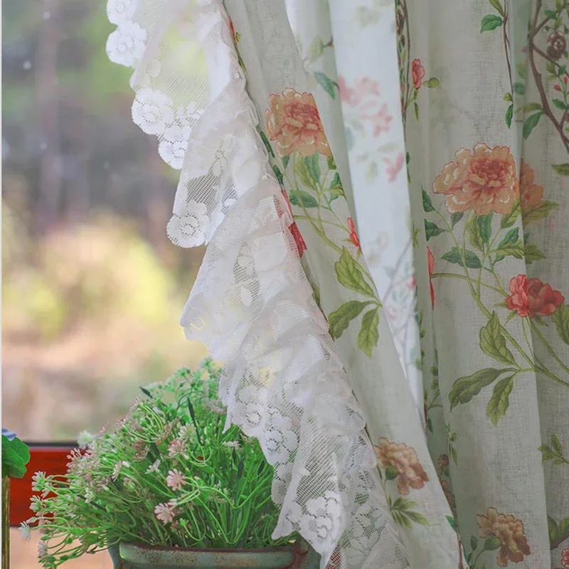 Idyllic American Rural Flowers Tulle Door Curtains Floral Warp Ruffled Gauze Curtains for Kitchen Retro Green Lace Curtains A390