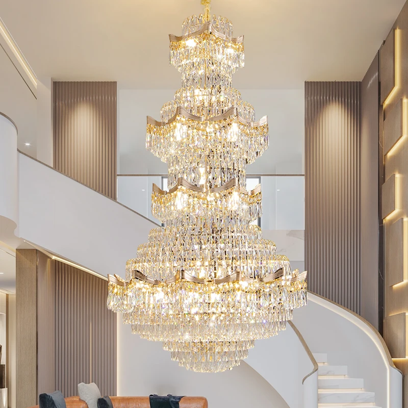 

Duplex Building With Empty Living Room Crystal Chandelier Villa Mid Floor Lobby Chandelier Hotel Lobby Staircase long pendant