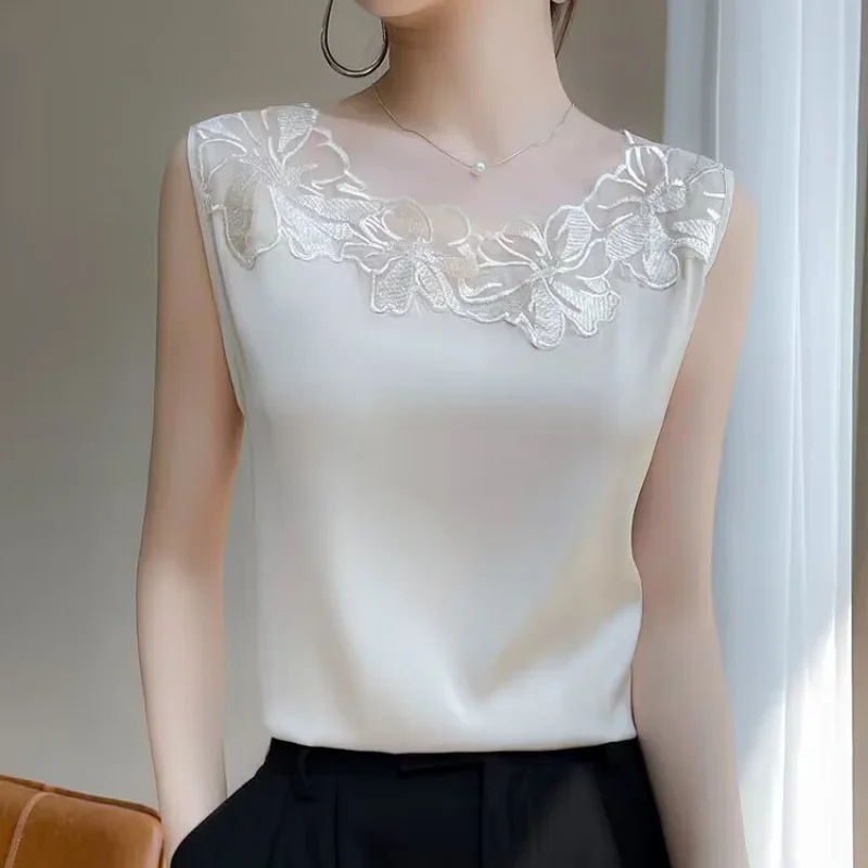 

Elegant Sleeveless Tank Top Women Satin Vest Round Collar Camis Embroidery Summer Clothes Casual Solid Color Loose Tops 27383