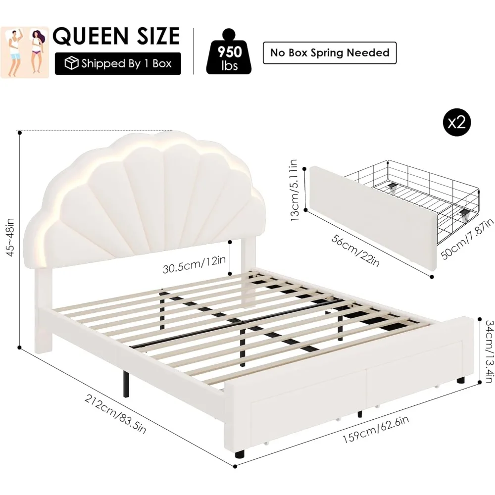 HIFIT Queen Upholstered Smart LED Bed Frame with 2 Storage Drawers & Adjustable Chic Double Petal Headboard, Velvet Princess