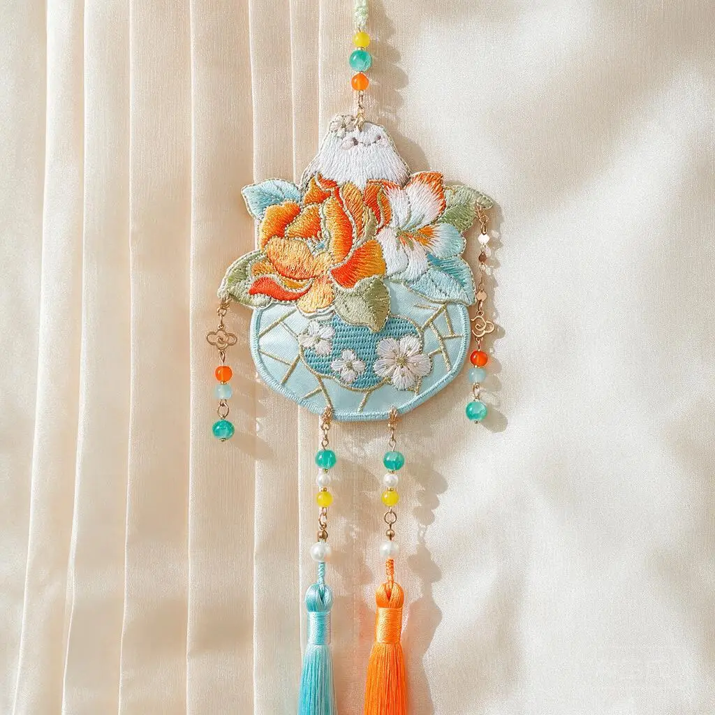 Vintage Chinese Hanfu Accessories Embroidered Floral Beaded Tassel Waist Pendant For Women Dress Decor Bag Hanging Cute Charm