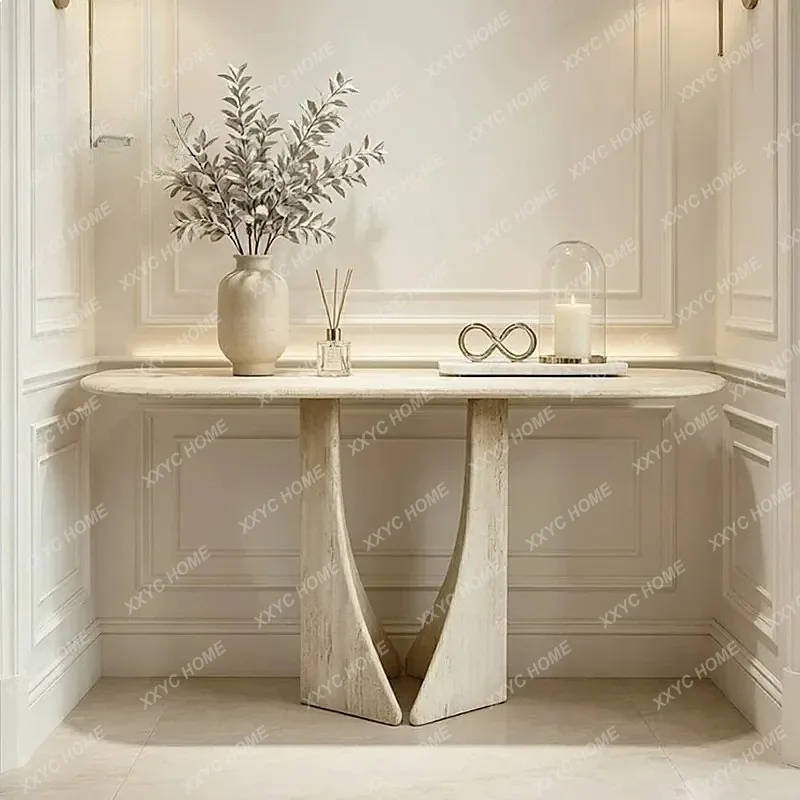 XX Style Travertine Marble Entryway Console Table Narrow Vintage Slim Sideboard Hallway Accent Table