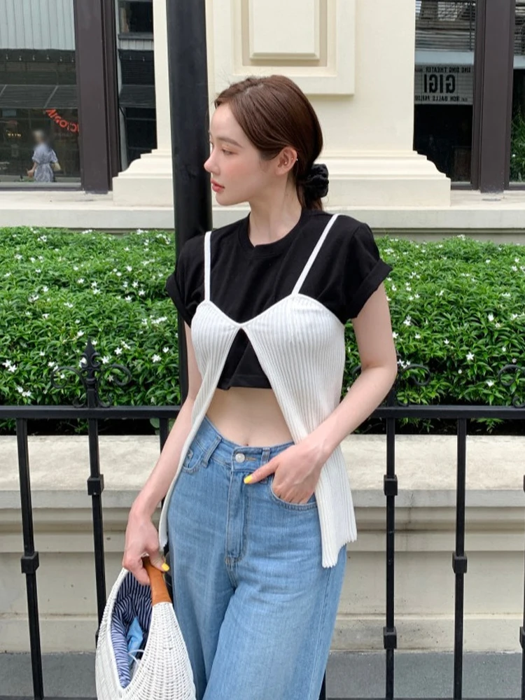 

Женский шикарный летний укороченный топ Salt Series, круглая футболка Ne + жилет с внешними ремнями, комплект из двух предметов, модная повседневная одежда