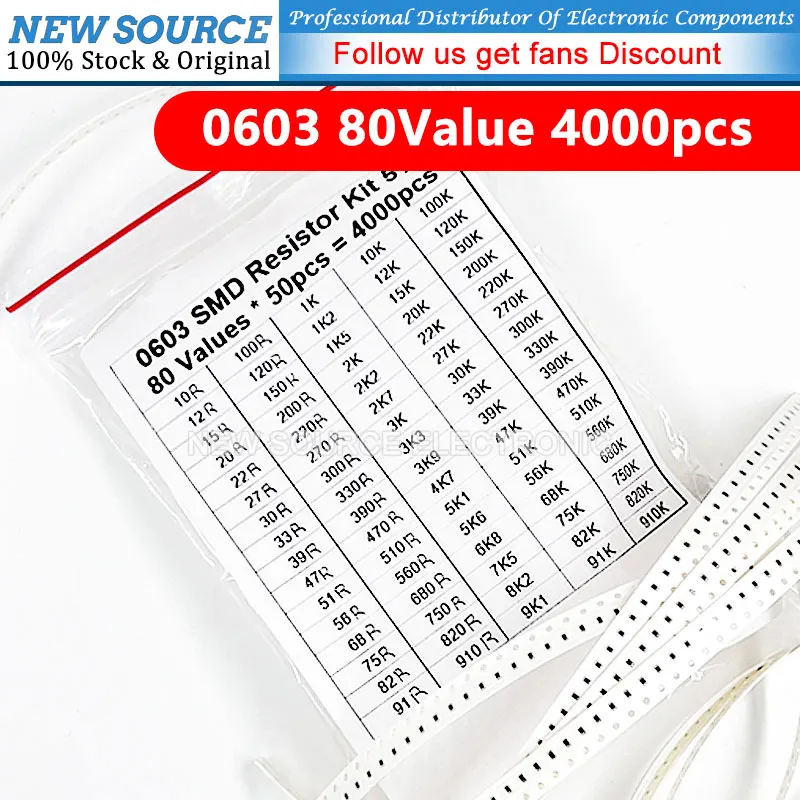 4000Pcs Set of Resistors 0603 SMD Resistor Assortment KIT 5% 80Values X 50pcs STOCK 10 R - 910K Ohm 47 470 4.7 K 100 1k 300R