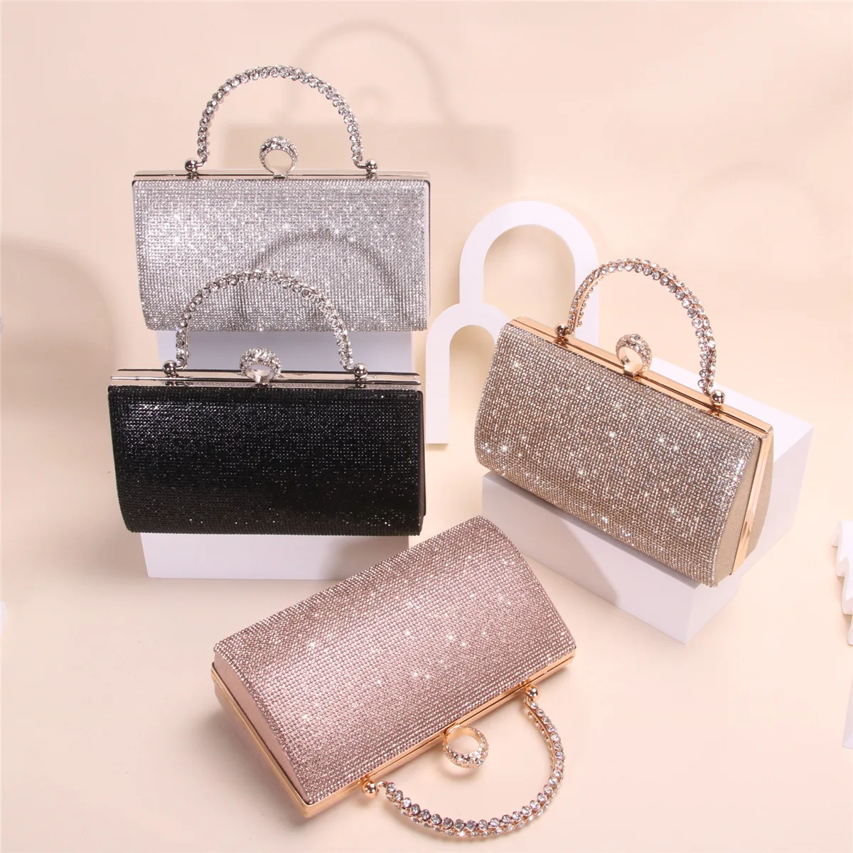 Rectangular Rhinestone Evening Clutch Bag, Crystal Wrapped Top Handle Sparkly Hardcase Handbag for Wedding Party Prom