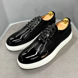 Luxury Men's Black Patent Leather Casual Shoes High Quality Lace-Up Italian Sneaker Design Brand Flats for Men