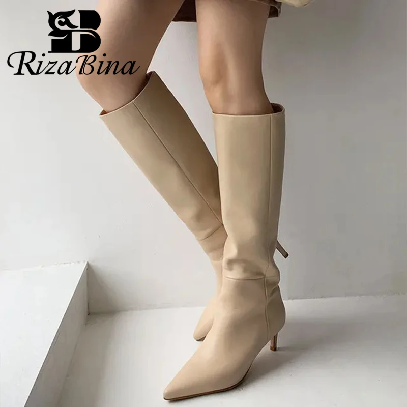 RIZABINA Women Real Leather Knee High Boots Sexy Pointed Toe Slip On Thin Heel Long Boots Fashion Party Winter Ladies Footwear