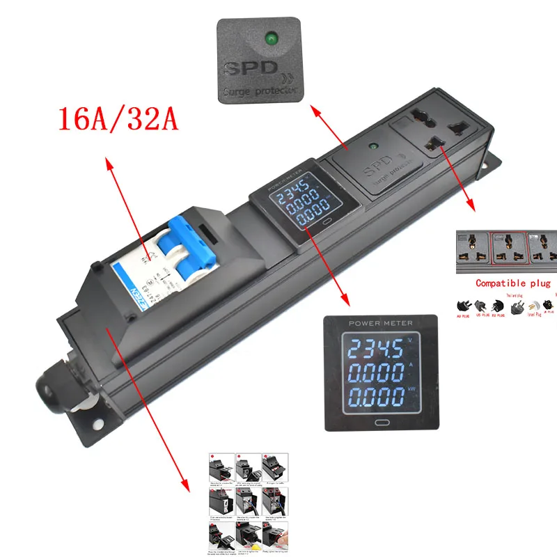 PDU Power Strip ป้องกันไฟกระชาก, 16/32A สวิตช์กระจายพลังงานช่องจ่ายไฟสากล2-7ทาง