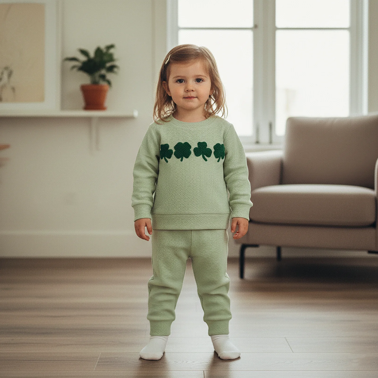 ملابس الأطفال الصغار مجموعة ملابس أيرلندية بأكمام طويلة بلوفر مطرز شامروك مع بنطال مكون من قطعتين #5