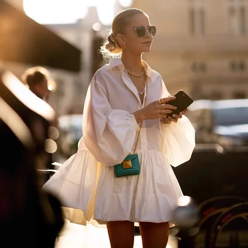 Mulheres elegantes doce turn down collar camisa vestido lanterna manga único breasted plissado a linha manga longa casual mini vestidos