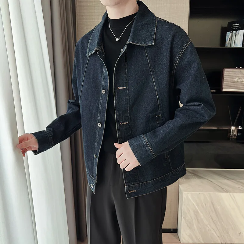 2025 Spring Men's Denim Jacket Cotton Long Sleeve Loose Jeans Flip Collar Social Streetwear Harajuku Denim Jacket Men Clothing