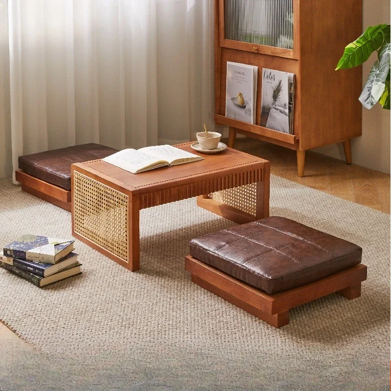 Solid wood rattan coffee table bay window balcony small tea table square kang few study