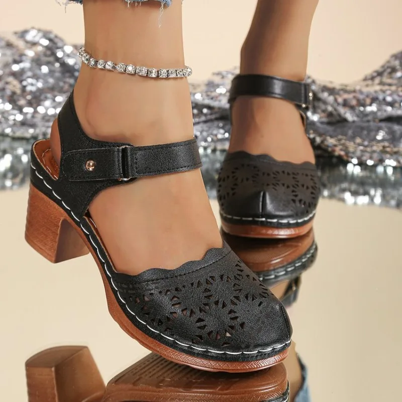 Women's Block Heels Round Toe Cutout Laser Detailed Ankle Strap Dress Shoes Classic Style Choices Options Selection Line Edition