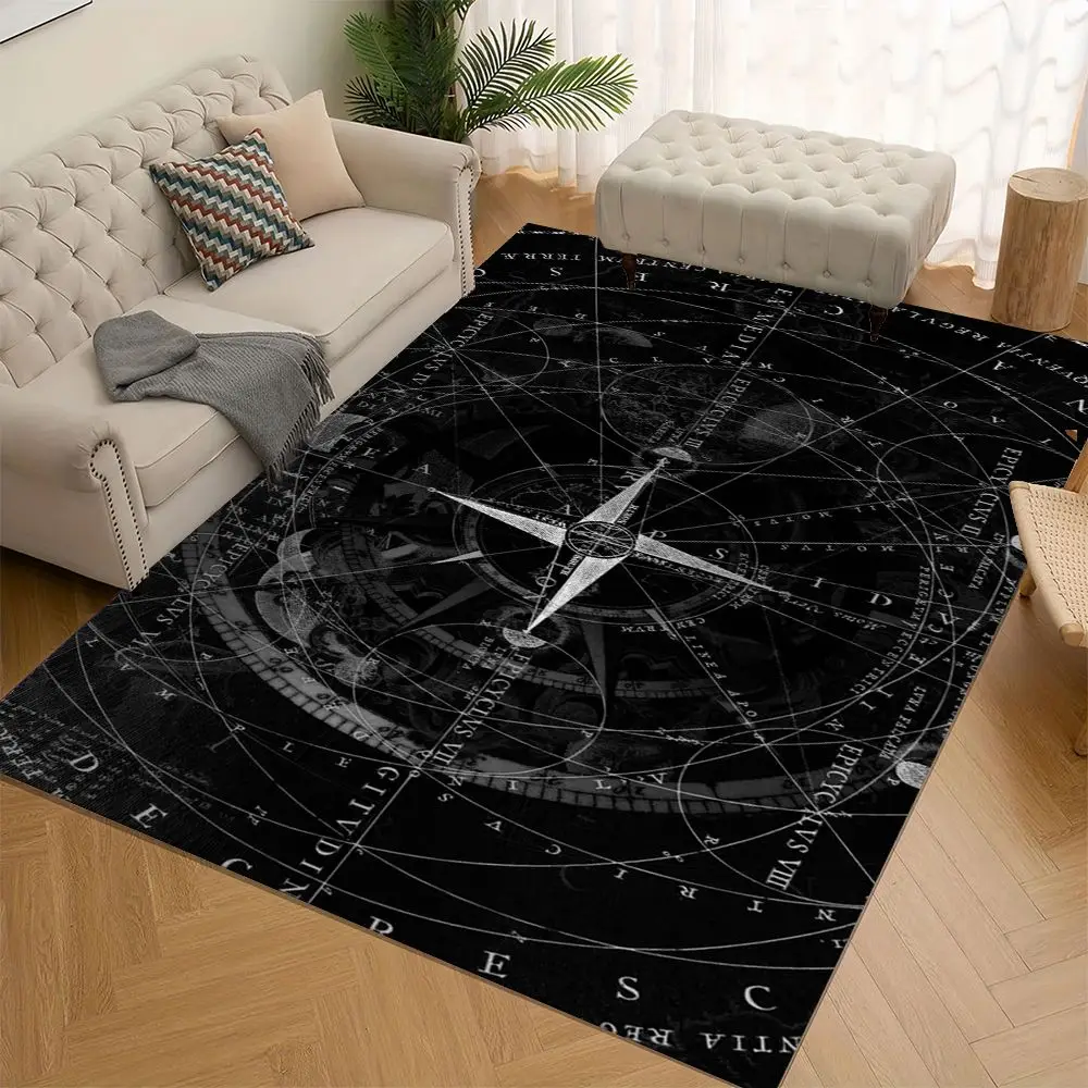 1pc Vintage Black‑Compass Astrological Print Area Rug, Non‑Slip Washable Floor Mat for Entryway, Office, Living Room, Bedroom