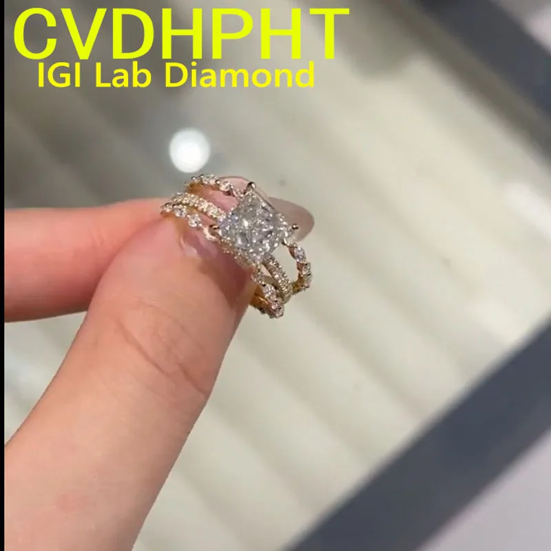LUXURY one set fo ring Solid 14K Yellow Gold Ring IGI Lab Growing Diamond Ring Princess shape D Color 1 2 3Ct Diamond wedding En