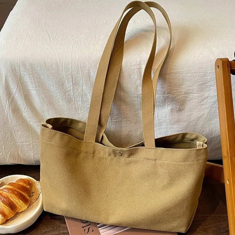 Vintage Solid Color Canvas Shoulder Bag Magnetic Snap Closure Tote Bag Fashion Casual Work Outdoor Daily Minimal Practical Bag