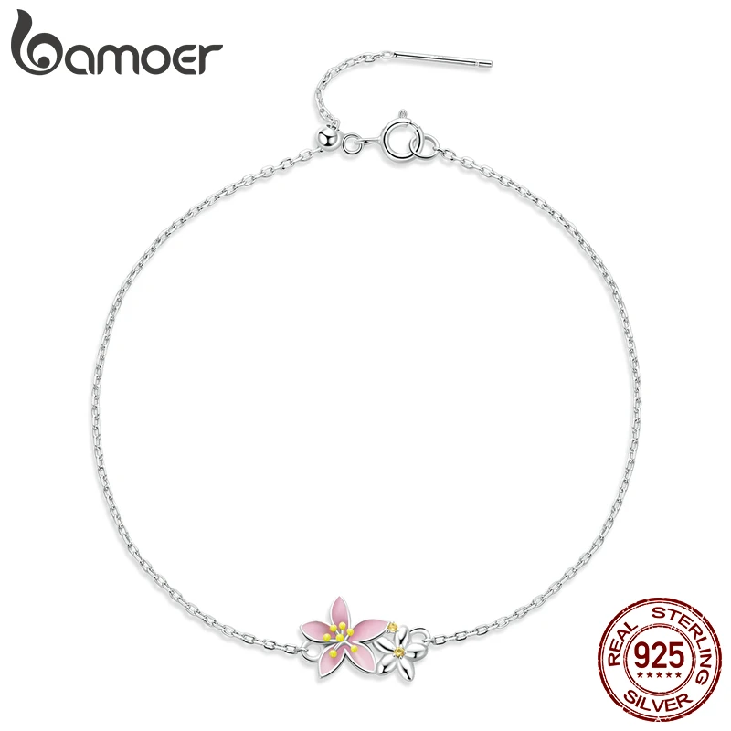 Bamoer 925 Sterling Silver Beautiful Cherry Blossom Bracelet Adjustable Silver Snake Chain Link for Women Fine Jewlery Gift