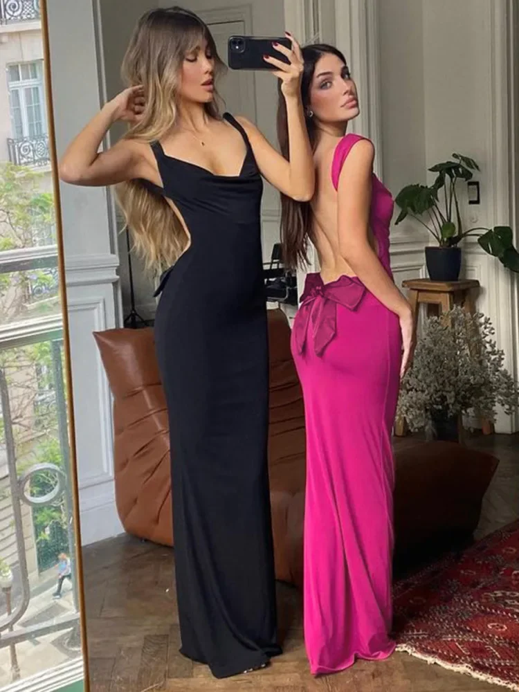 

Laxsesu Bow Backless Maxi Dresses Elegant for Women 2024 Fashion V Neck Sleeveless Summer Bodycon Club Party Sexy Long Dress New