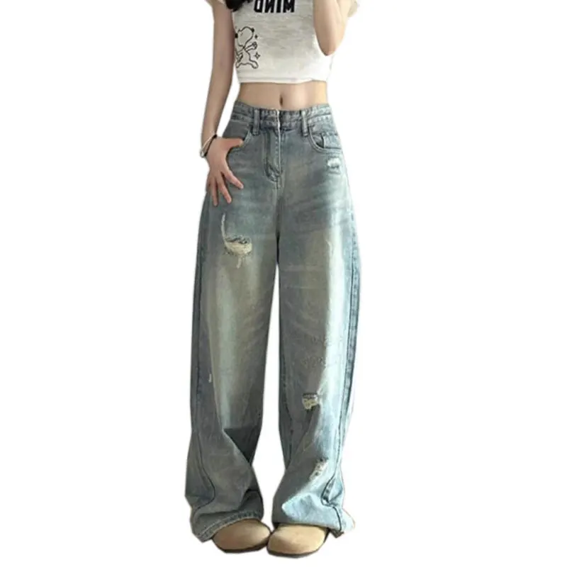 

2026 New Streetwear High Waist Wide Leg Light Blue Jeans Y2K Women's Distressed Design Pear Shape Loose Fit Straight Leg Pants