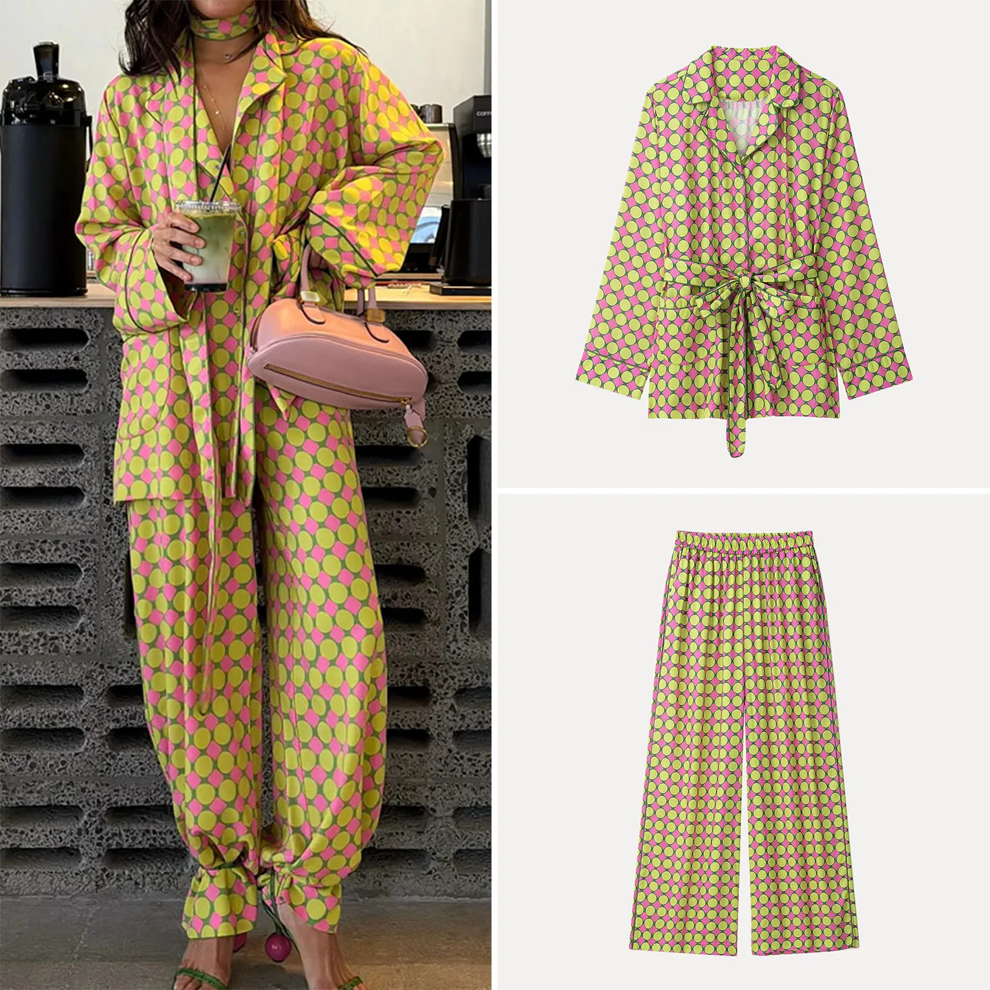 Fashionable Printed Shirt And Straight Leg Pants Set Women's Autumn 2026 New Arrival with Belt Pocket Detail Collared Top
