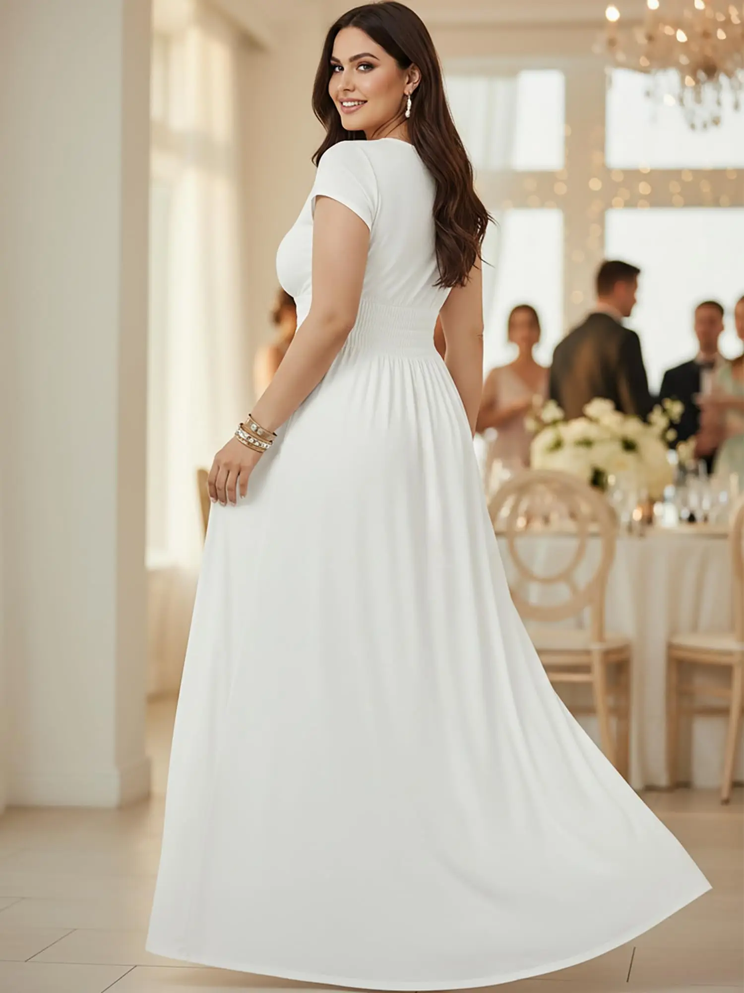 Customized Plus Size V-Neck Short Sleeve A-Line Wedding Dress - Comfortable Jersey Gown for Curvy Brides Bridal Gown