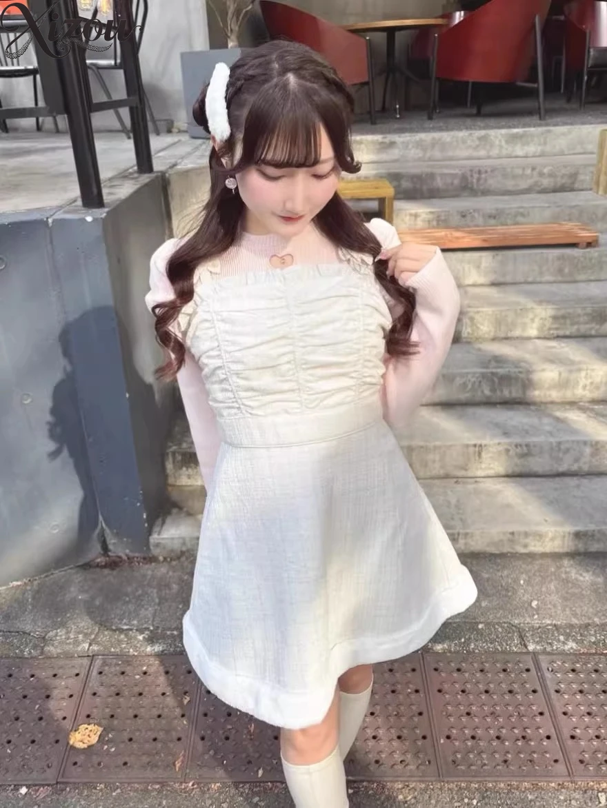 

Strap Dress Sweet Bow Knitted Tweed Plaid Woolen Patchwork Elegant Women Sleeveless Square Collar 2026 Japanese Slim Fit A-line