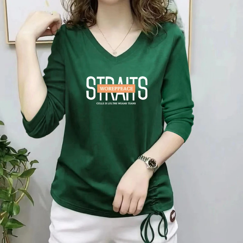 

Spring and Autumn Women's Clothing Pullover Letter Long Sleeve Printing Bandage Shirring Fashion Undershirt T-shirt Casual Tops