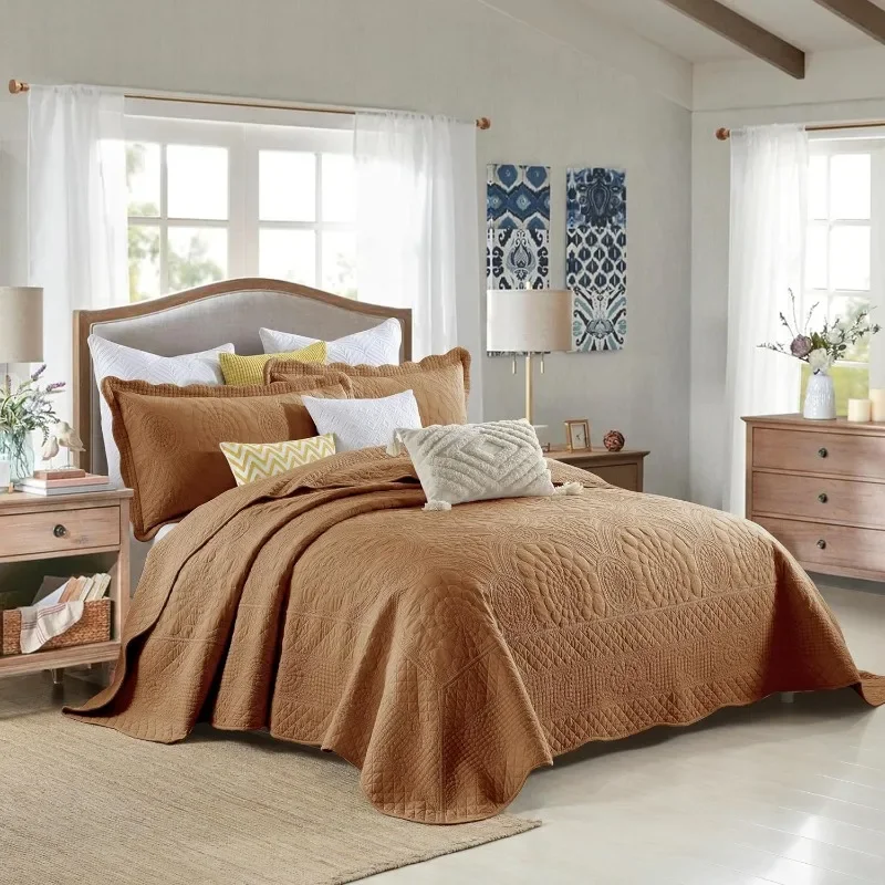 3-delige 100% Katoenen Oversized Bedsprei Dekbed Set Boerderij Beddengoed Tf, Donker Oranje, King