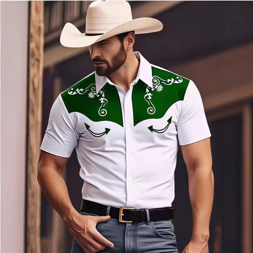 Western Party Denim Men's Summer Fashion Casual Shirt Digital Printing Short Sleeve Shirt
