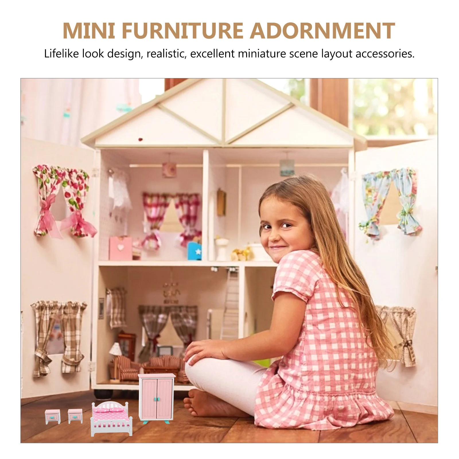 1 ensemble Mini ensemble de meubles pour maison de poupée chambre lit tables de nuit garde-robe semblant jouer pour les enfants en bas âge bricolage jeux de rôle