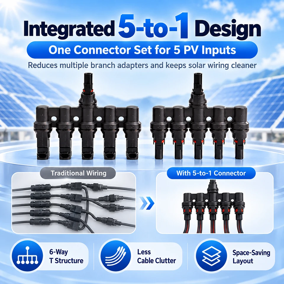 MC4 Solar Connector 5 to 1 T Branch Parallel Connector IP67 Waterproof PV Solar Panel Branch Adapter for Rooftop RV Off Grid