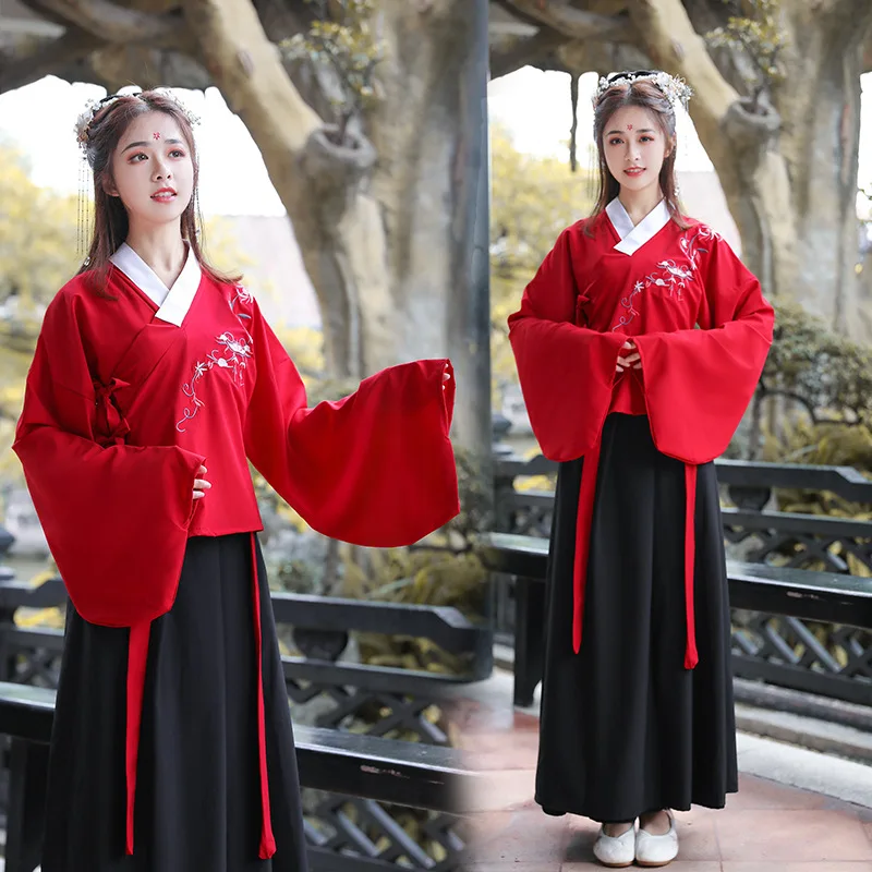 Spring and summer ancient clothing, Hanfu, women's clothing, cross necked pipa sleeves, wide sleeved skirts, Chinese style stude