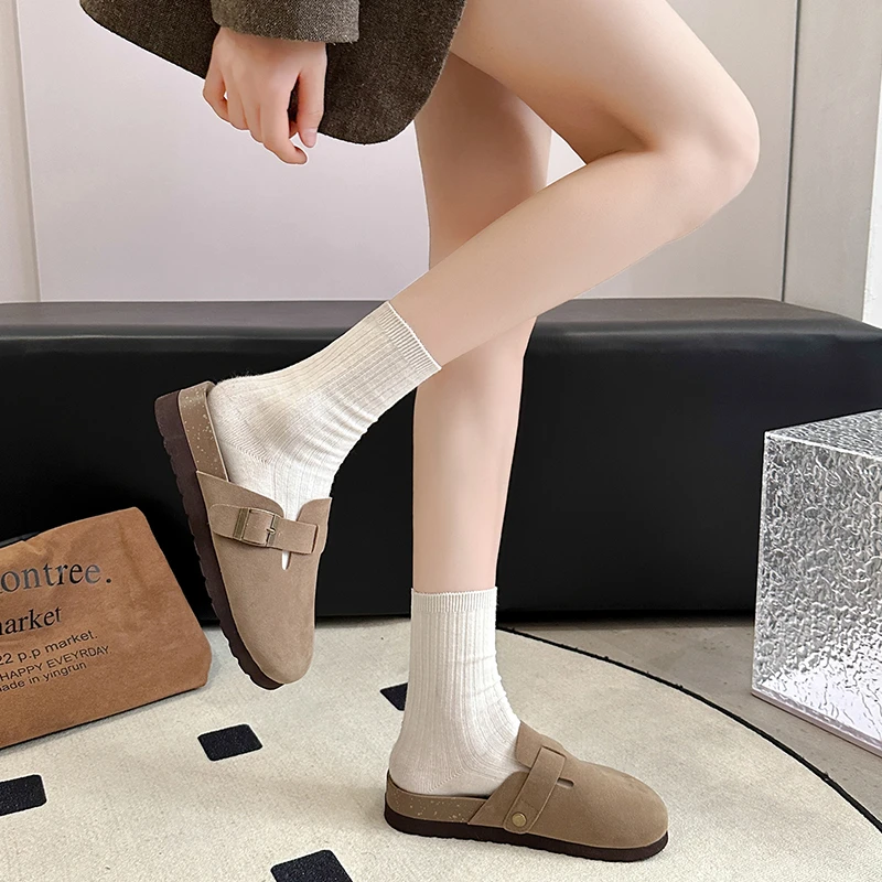 Faux Suede Platte Slippers Vrouwen Herfst Vintage Close Teen Muiltjes Schoenen Vrouw Zachte Zool Kurk Slippers Buiten Slippers