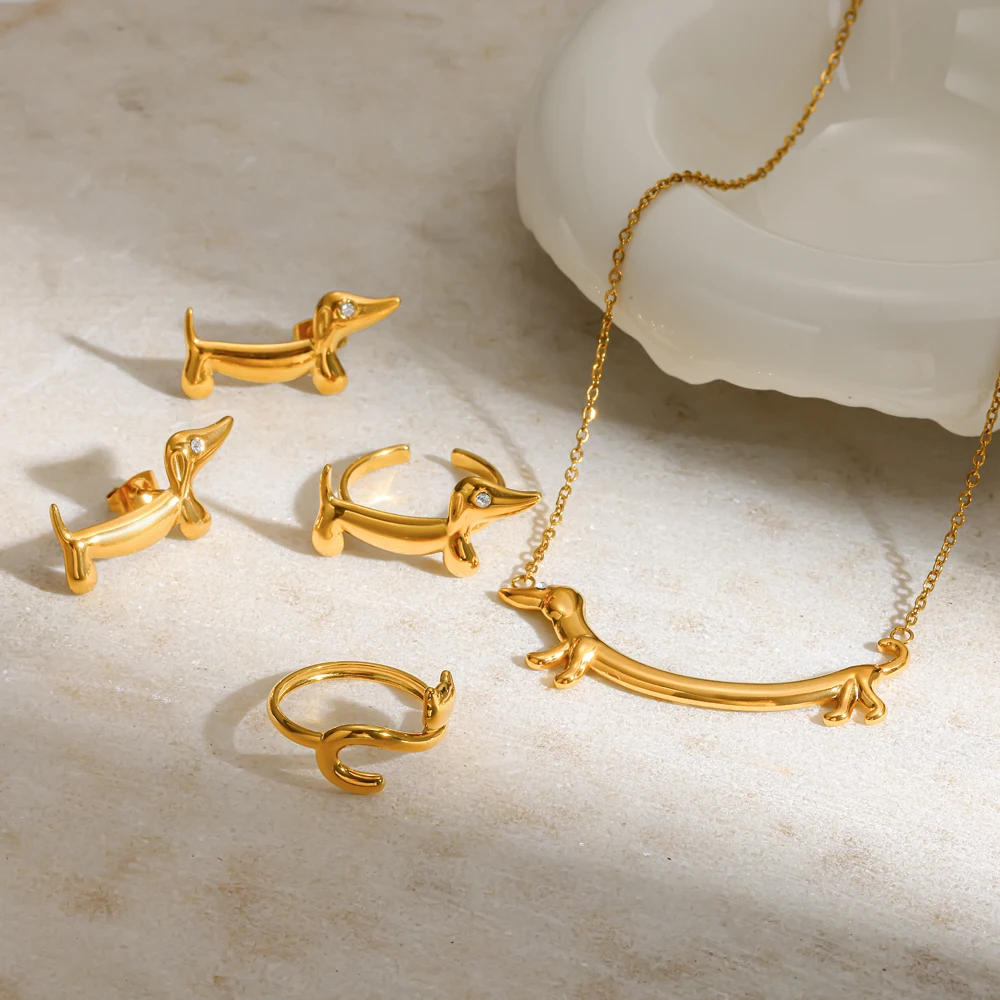 Niedliche Dackel-Anhänger-Halskette für Frauen, Haustier-Schmuckset, 18K vergoldeter 316L Edelstahl-Schmuck, Geschenke – Detail 3
