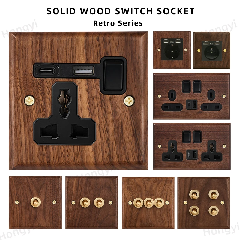 Black walnut wood retro British light switch socket, bedside wall lamp switch LED dimmer, pure wood brass toggle switch board view 2