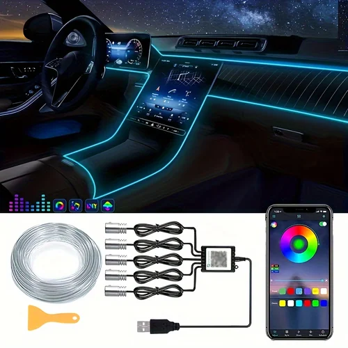 Tira de luz LED ambiental 5 en 1 para Interior de coche, Kit de iluminación de atmósfera de fibra óptica de 6M, lámpara decorativa automática con Control por aplicación remota