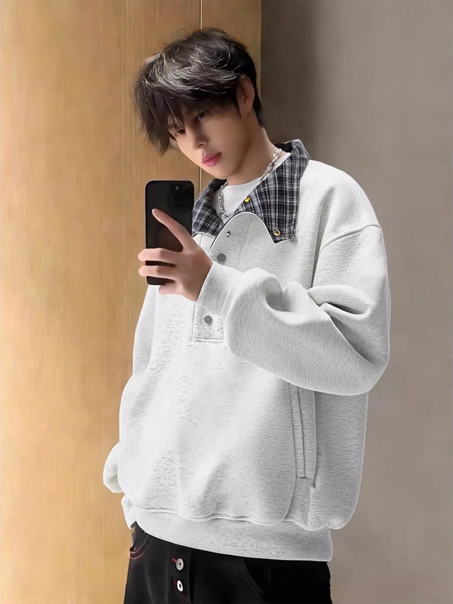 

White ey Plaid Patchwork Collared Hoodl Men's Spring oulder Henry irt American Heavyweight Jaet Loose Fit Lon...