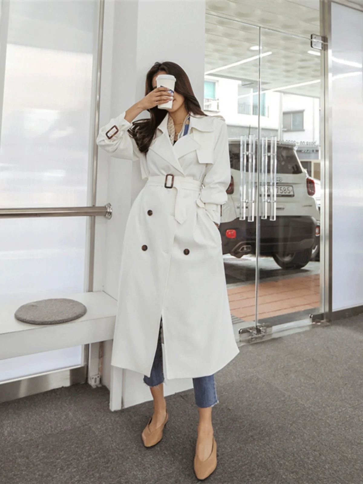 

Корейское длинное женское пальто выше колена, весеннее, модное, с длинными рукавами, с поясом, в британском стиле, для повседневной носки, прямого кроя