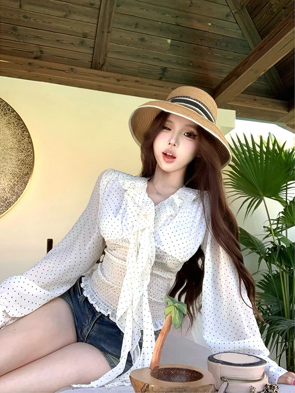 

Elegant Polka Dot Chiffon Shirt Women's Summer New Design Sensation Sash V-neck Waist Inward Slim Long Sleeve Top