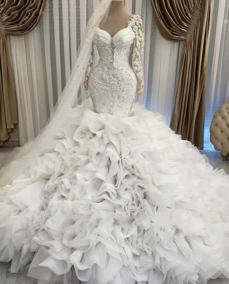 

Luxury Mermaid Wedding Dress Beading Pearls Appliques Tiered Ruffled Train Bridal Dresses Bride Gown Arabic vestidos de novia