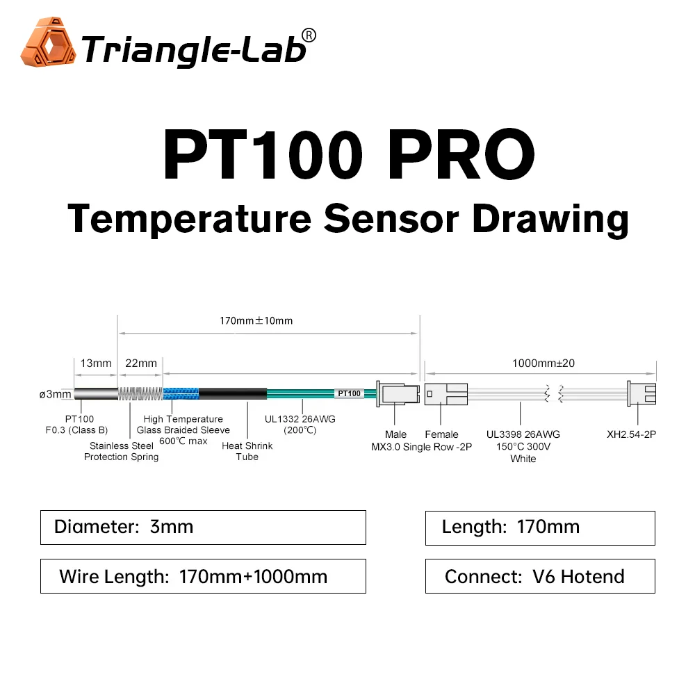 Trianglelab Enhanced Edition PT100 PRO Temperature Sensor for High Temperature for V6 HOTEND Heat Block 3D Printer