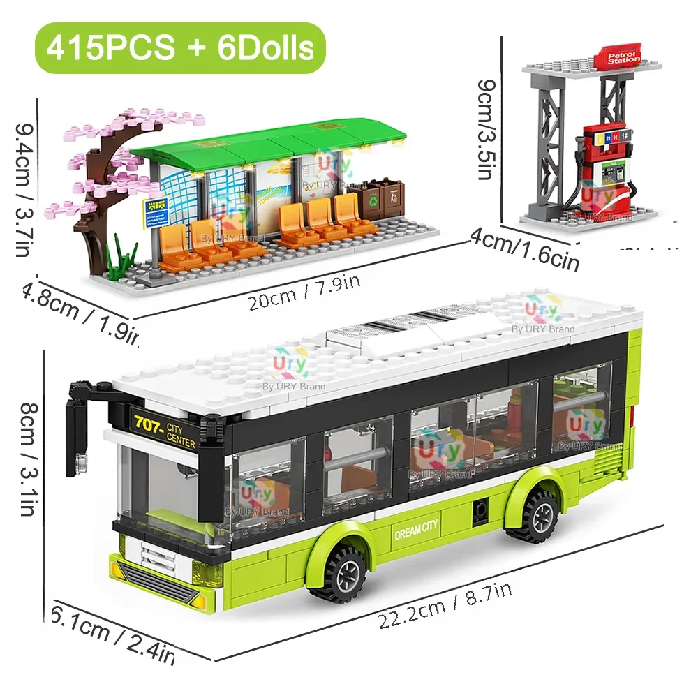 City Traffic Car Green Blue Passenger Bus Station Single-Deck Public Set Figures Model Building Blocks DIY Toys for Boys Gifts