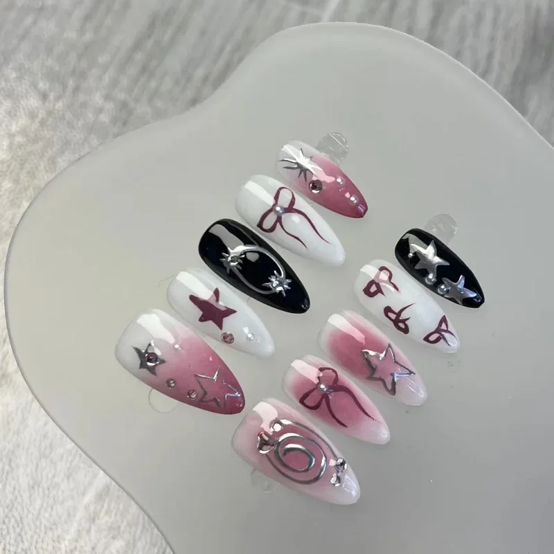 10pcs Handmade Handpainted Star Bow Pink Cheap Almond Press Ons Acrylic Nails Tips Self-adhesive Fake Nails with Glue Sweets