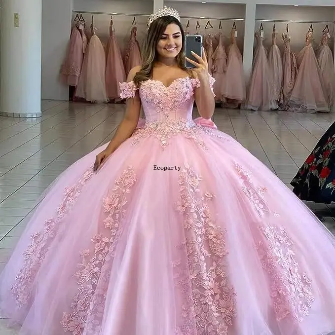 

Pink Ball Gown Quinceanera Dresses Off-Shoulder Vestidos De 15 Anos Vintage Lace Appliques Birthday Party Customized Vestidos
