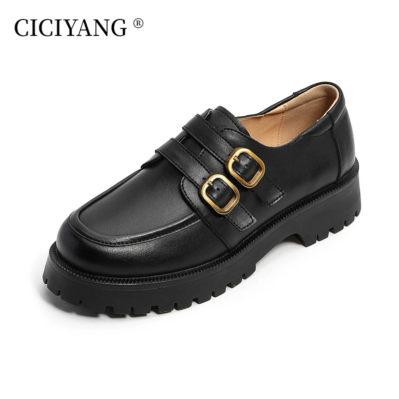 CICIYANG Women Shoes Loafers 2024 New British Style Genuine Leather Metal Buckle Student Shoes Ladies Retro Round Toe Handmade