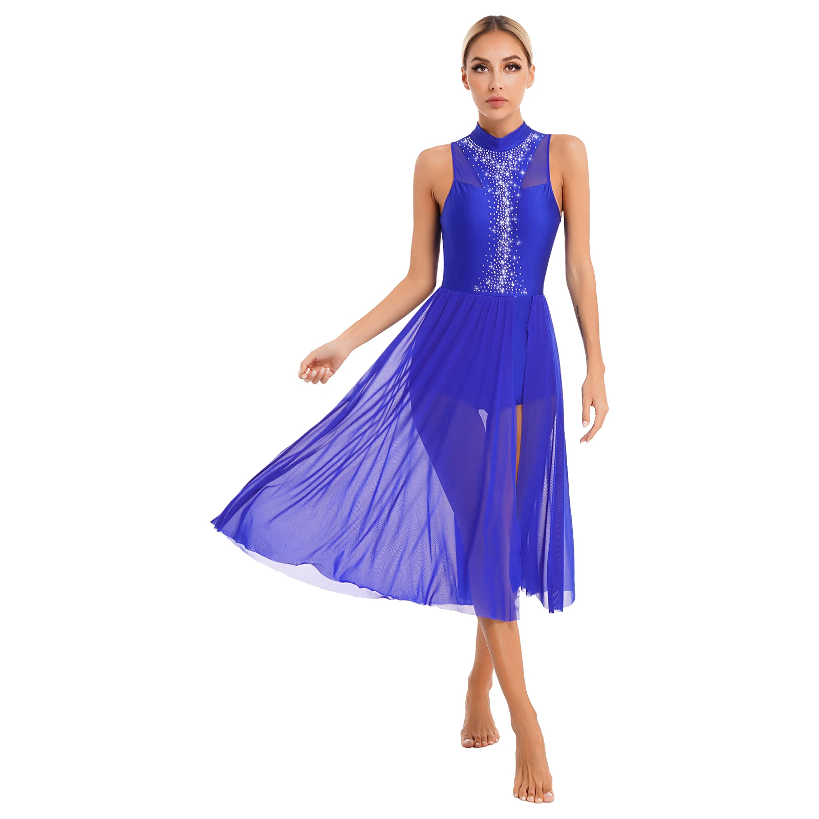 Frauen Moderne Lyrical Dance Kleid Tänzerin Bühne Leistung Dancewear Ärmel Shiny Strass Split Mesh Maxi Trikot Kleider