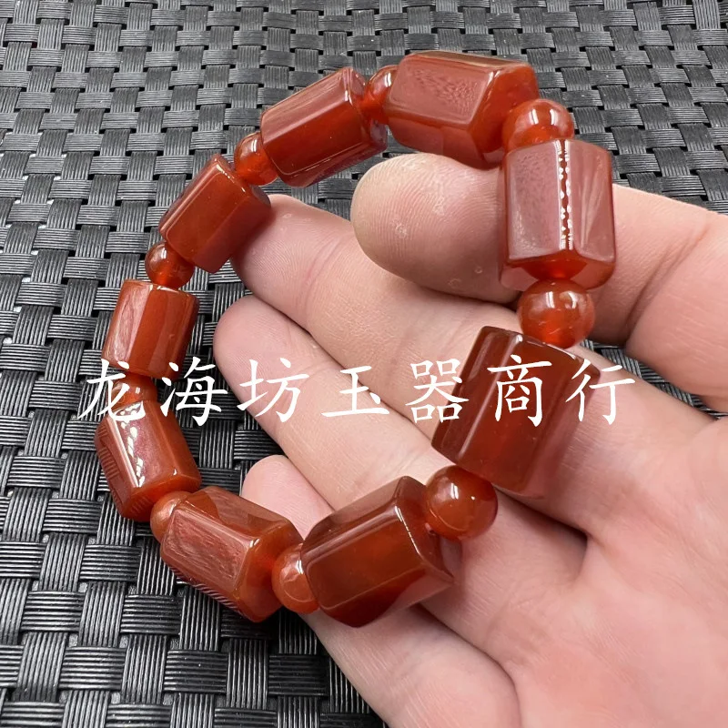 Ice-like Red Agate as Right as Rain Jade Bracelet Multi-Edge Agate Barrel Bead Bracelet Men's and Women's Same Jade Wristband Br