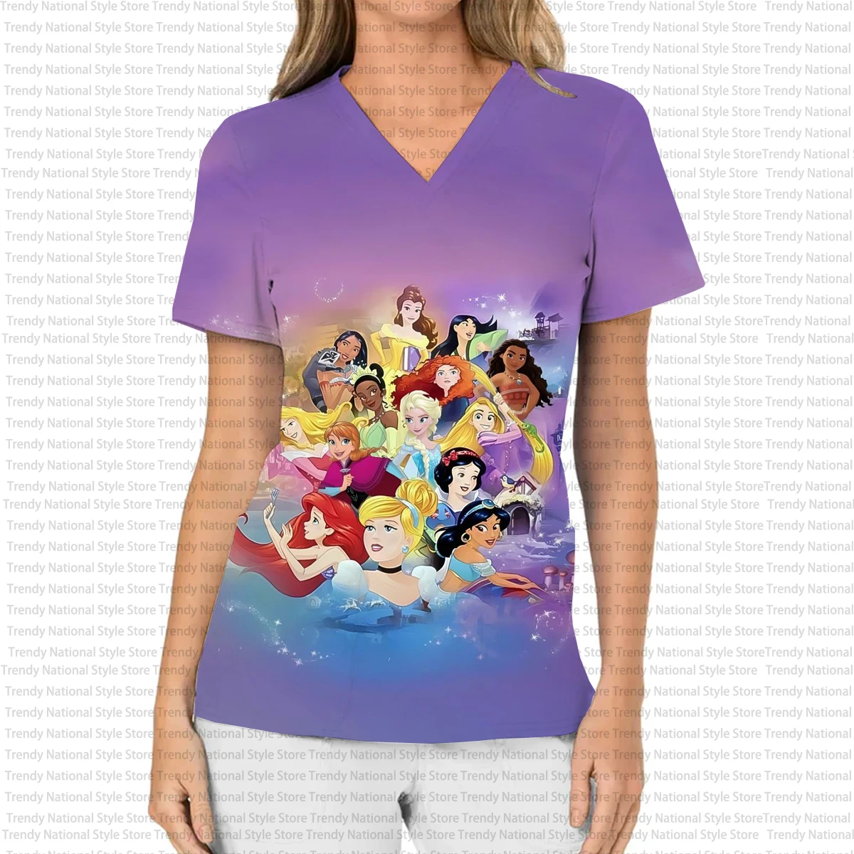 تي شيرت نسائي جديد بلوري برقبة على شكل حرف V مع طباعة أميرات ديزني - عيادة الأسنان، متجر الحيوانات الأليفة، بدلة ركاب، زي ممرضة المستشفى #1
