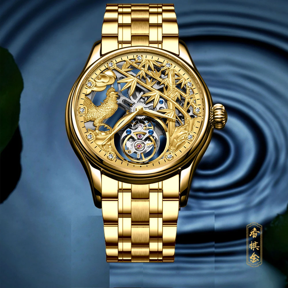 Classic Golden Rooster Bamboo Skeleton Tourbillon Watch Men Luxury Mechanical Hand Wind Synthetic sapphire Business Wrist Watch
