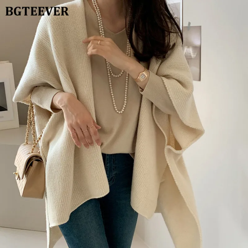 BGTEEVER Stylish Oversized Women Knitted Shawl Elegant Long Sleeve Loose Female Sweaters Coat Autumn Winter Ladies Cardigans